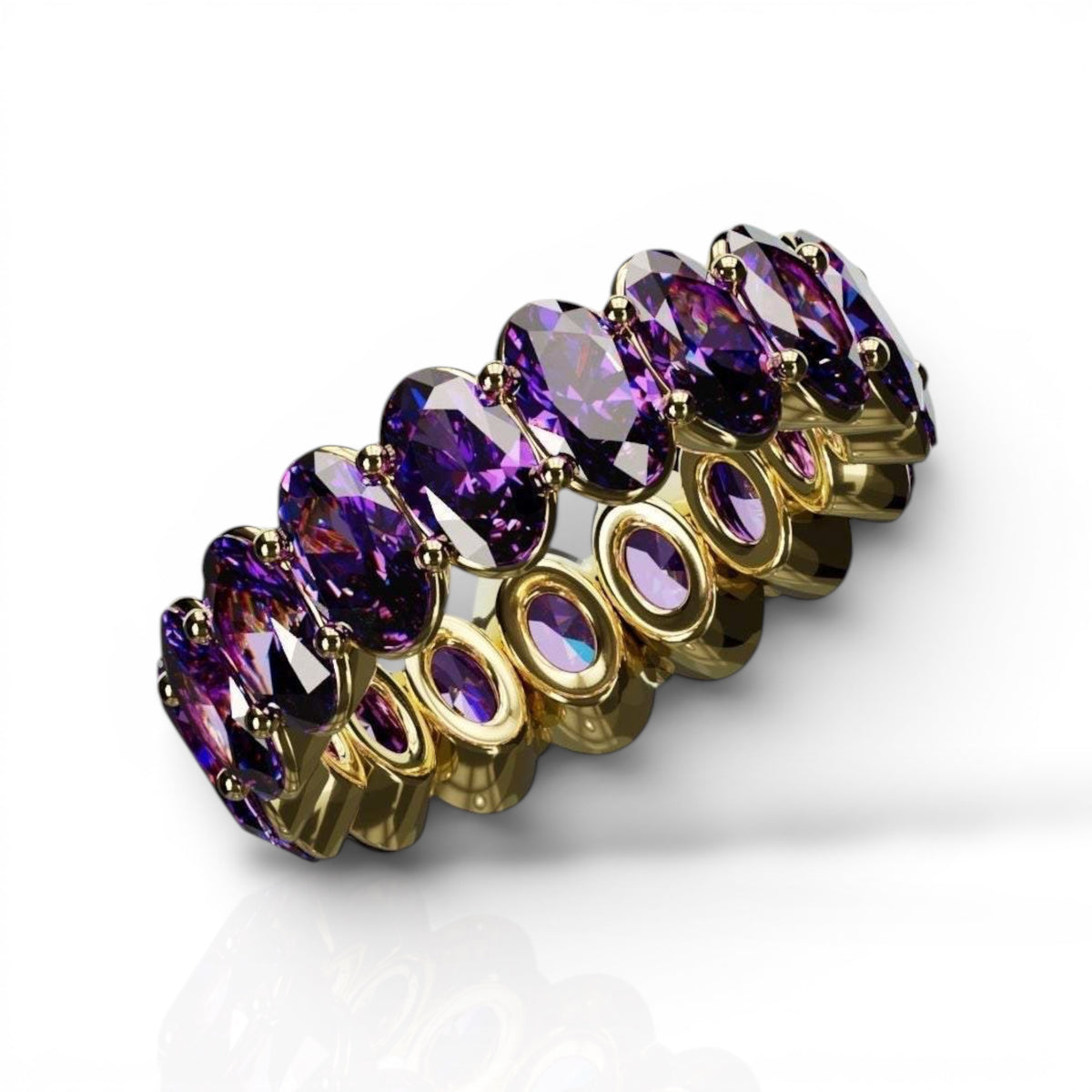 Natural oval cut amethyst ring with 3x5mm purple gemstones in gold setting