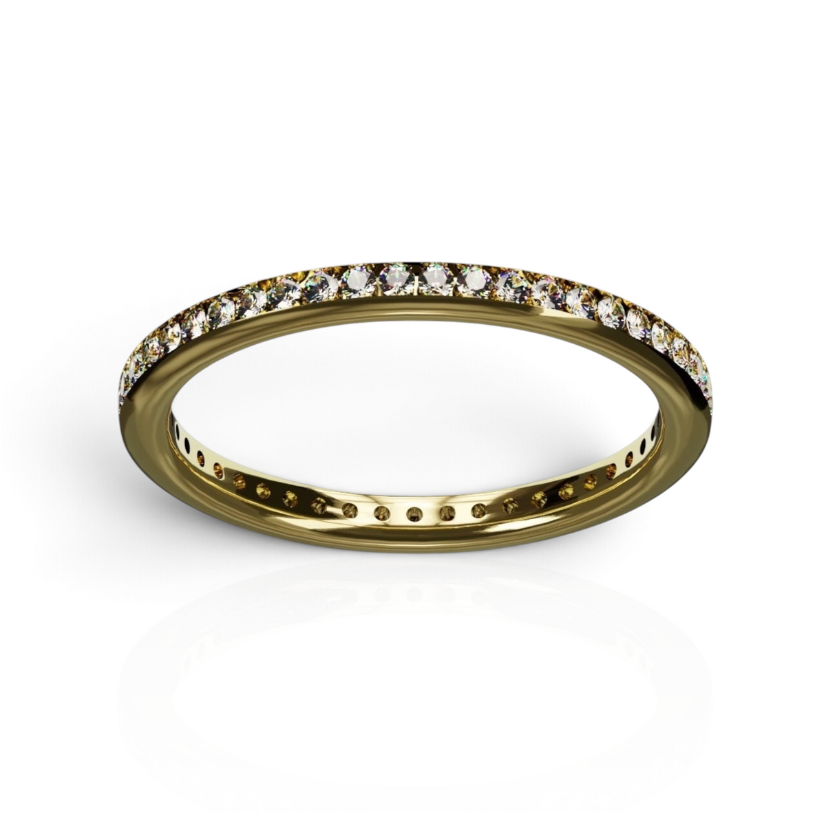 YFS Designs Zenith gold band featuring channel set 1.3mm round lab diamonds in a delicate eternity style
