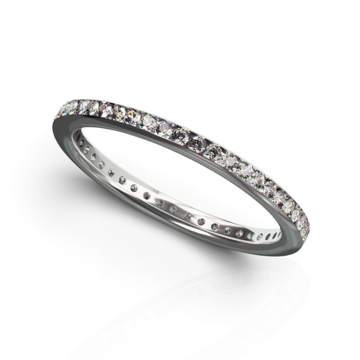 YFS Designs Zenith channel set eternity band featuring 1.3mm round lab-grown diamonds in polished 14K white gold