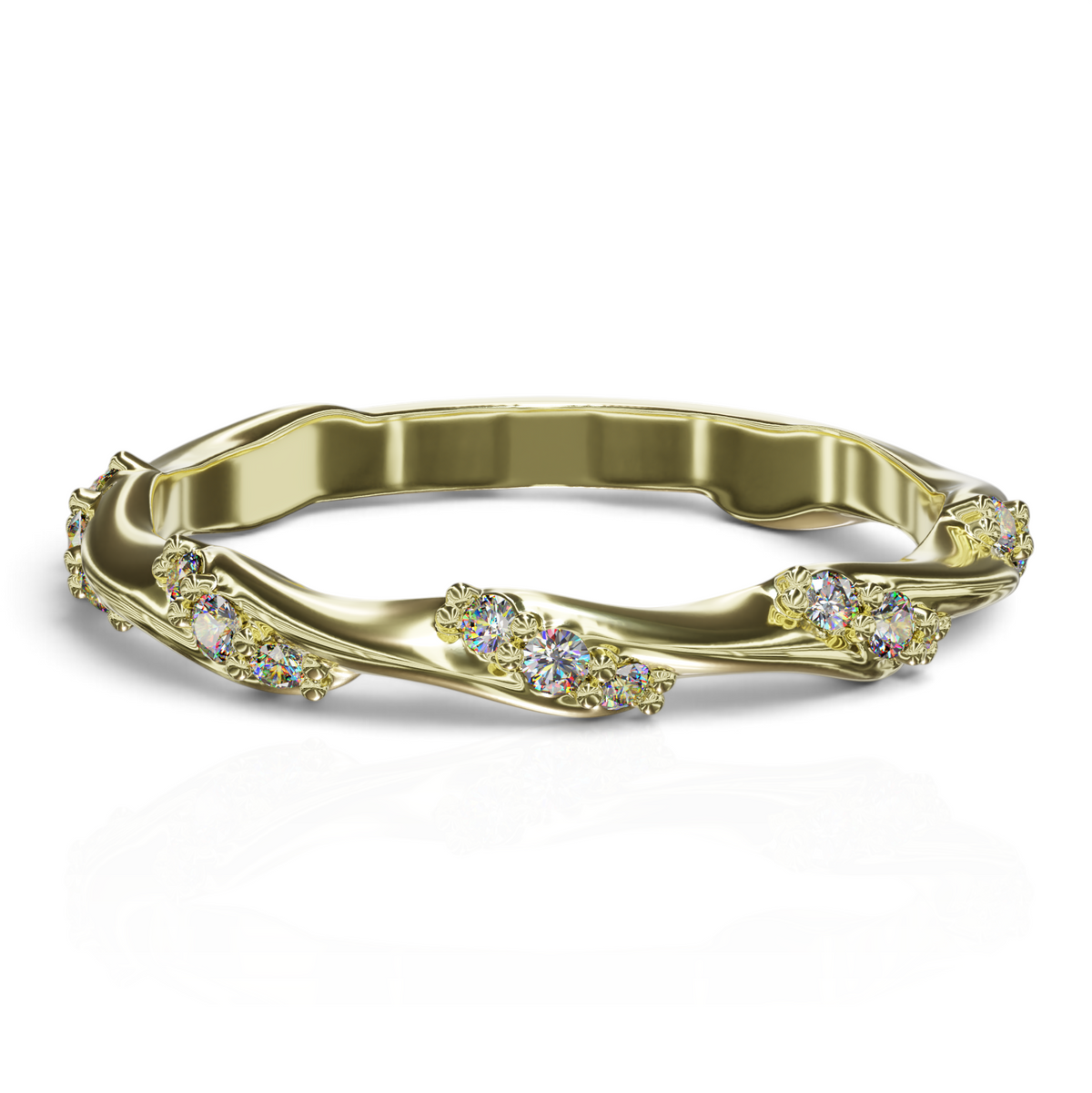 YFS Designs Fabi organic 2mm gold stackable wedding band featuring 0.14tw lab-grown round diamonds in a twisted design