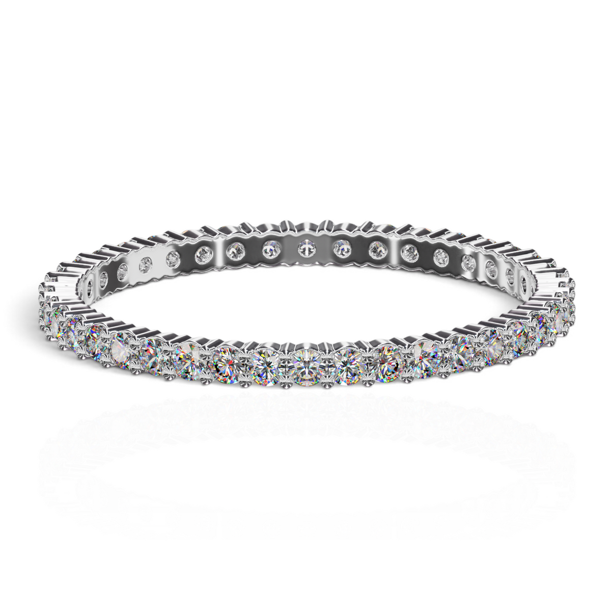 YFS Designs 1.5mm traditional eternity band featuring a continuous row of sparkling round-cut diamonds in 14K white gold