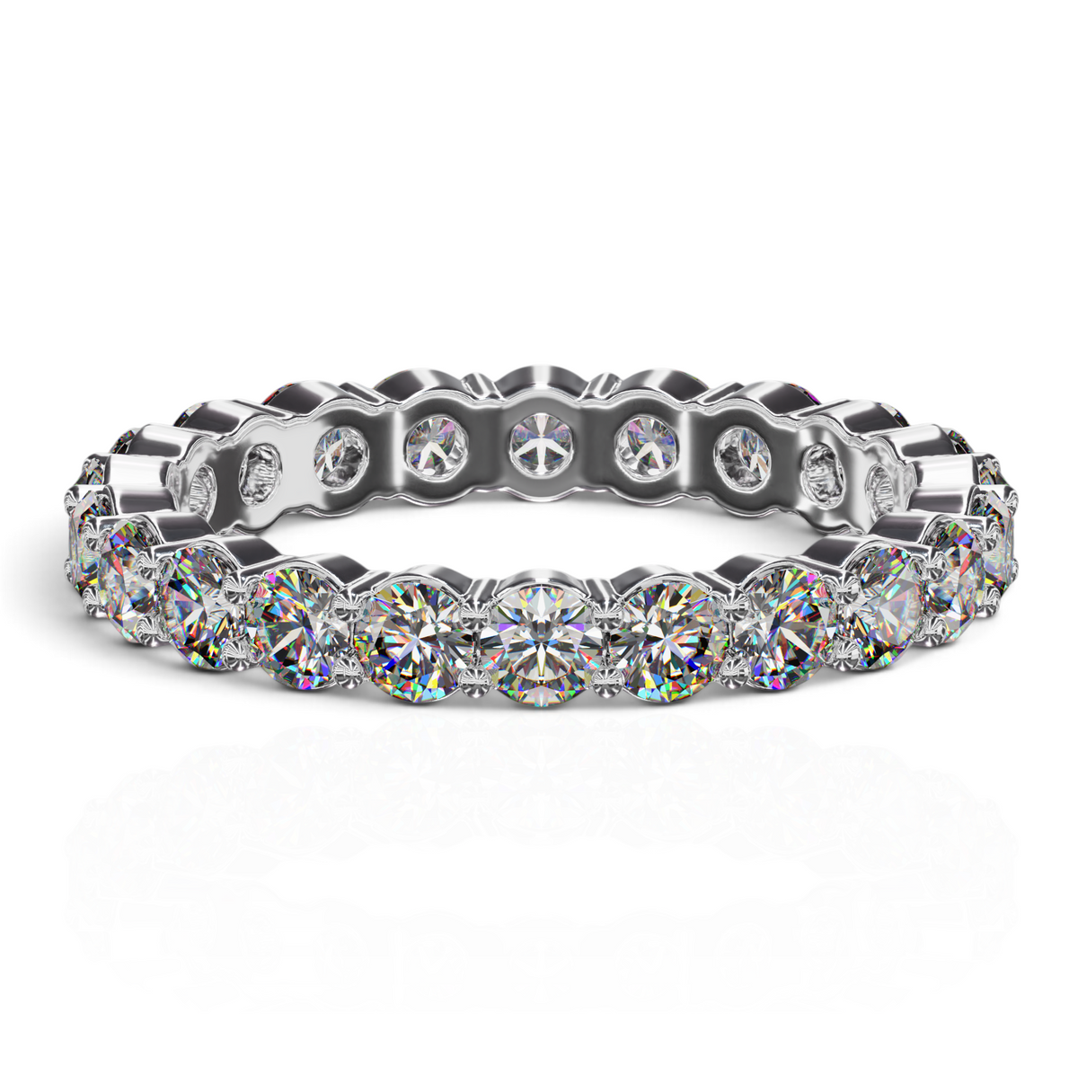 YFS Designs 3mm eternity band featuring lab-grown round diamonds in a double shared prong setting on 14K white gold.