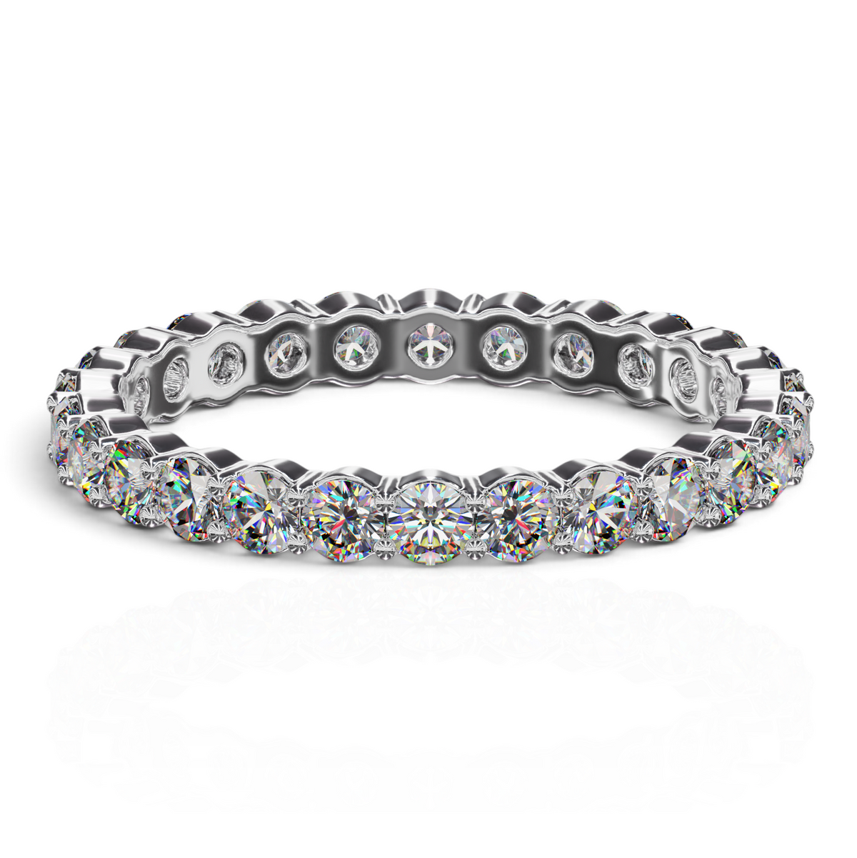 YFS Designs 2.5mm eternity band featuring a continuous circle of brilliant-cut lab-grown diamonds in shared prongs.