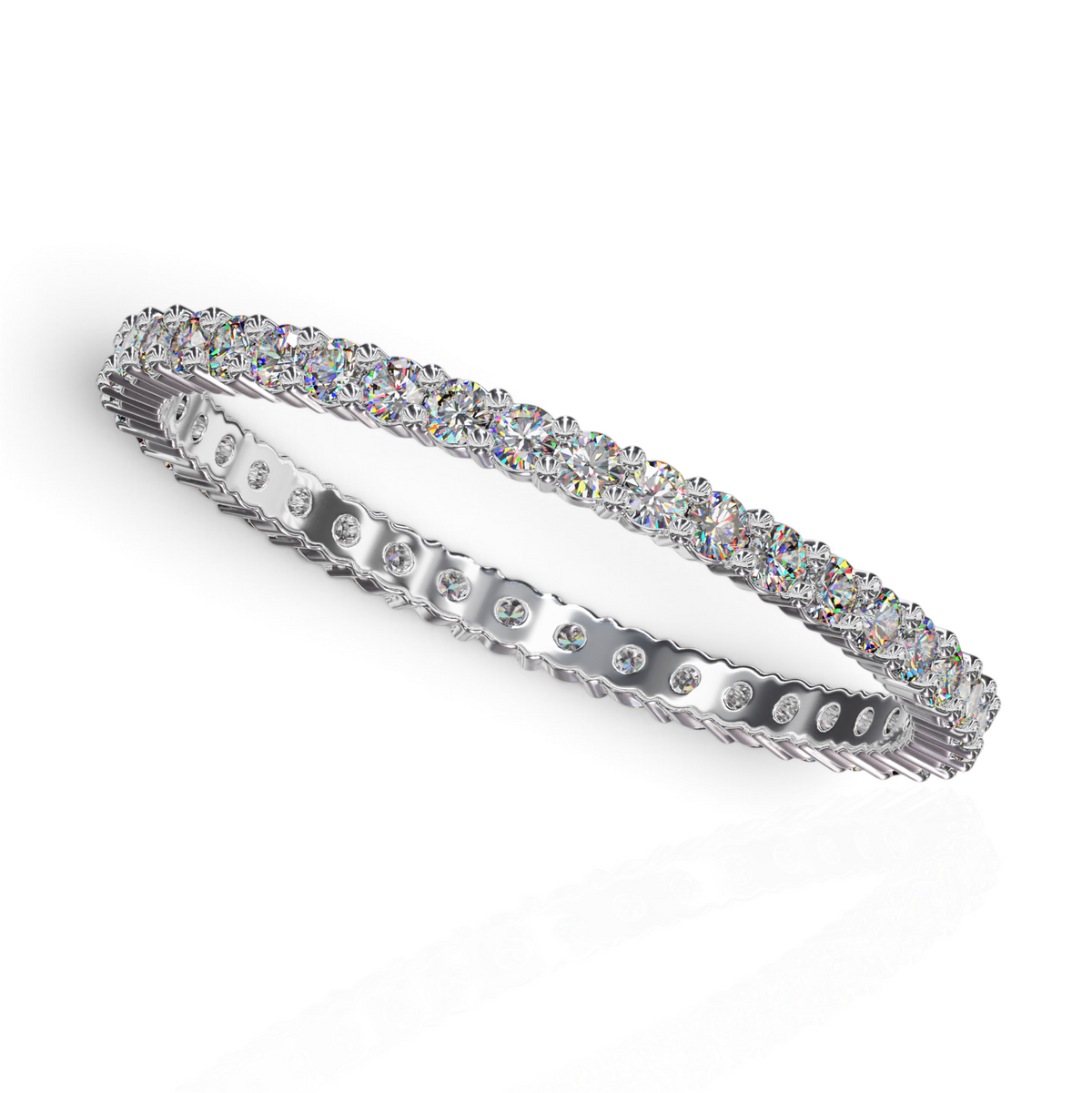 YFS Designs 1.5mm traditional eternity band featuring a continuous row of sparkling round diamonds in 14K white gold
