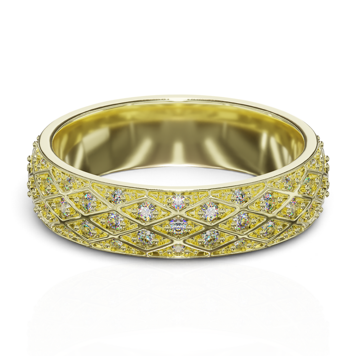 YFS Designs Constella yellow gold dome band featuring a sophisticated diamond-cut lattice pattern with embedded stones.