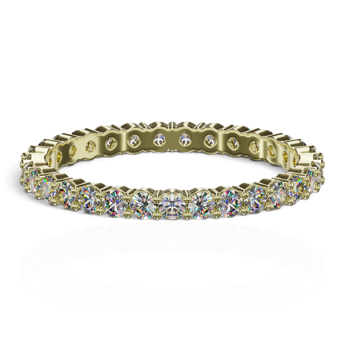 YFS Designs 2mm gold eternity band featuring a continuous circle of lab-grown round diamonds in shared prong settings.