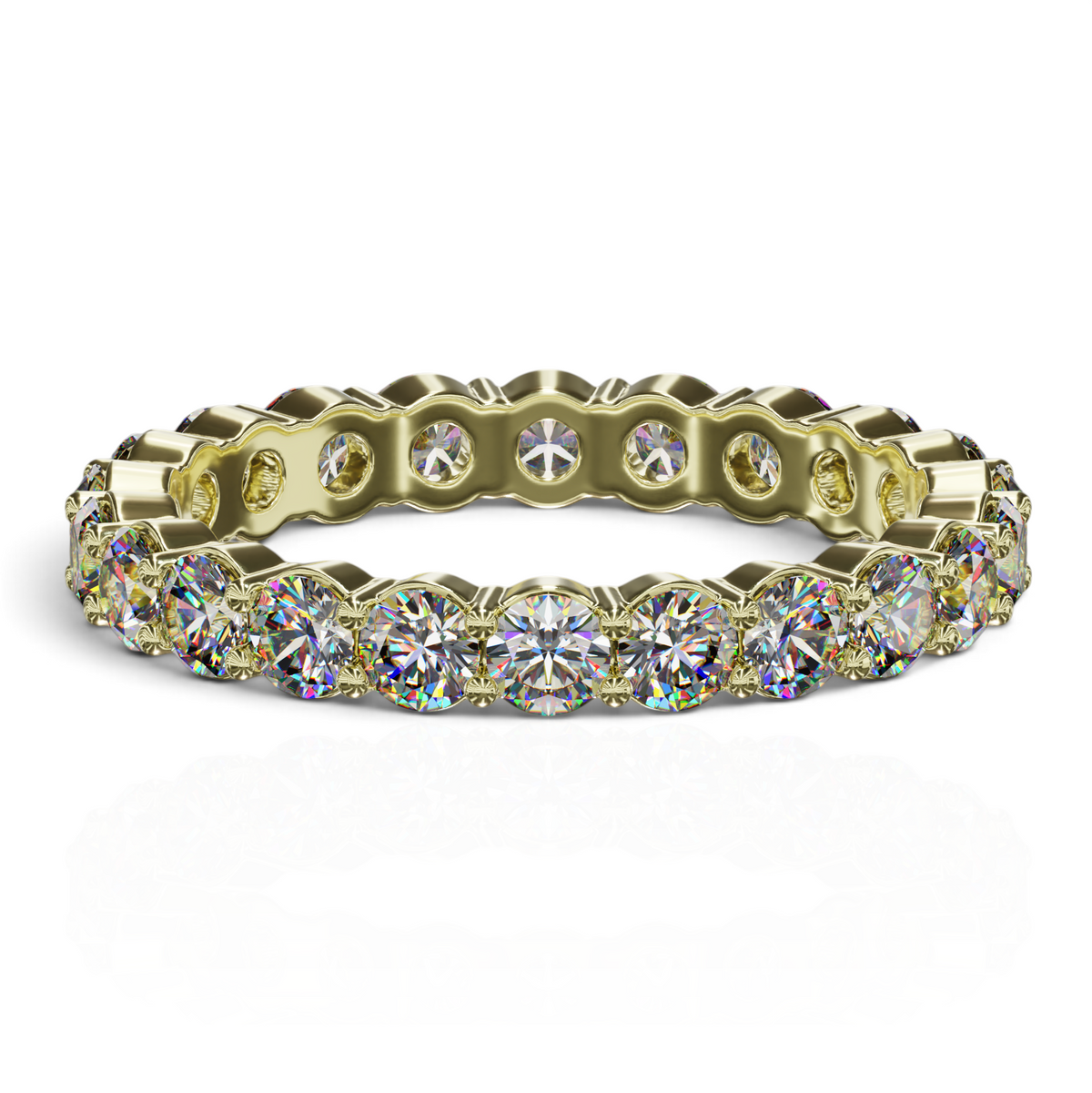 YFS Designs 3mm gold eternity band featuring a continuous circle of lab-grown round diamonds in shared prong settings.