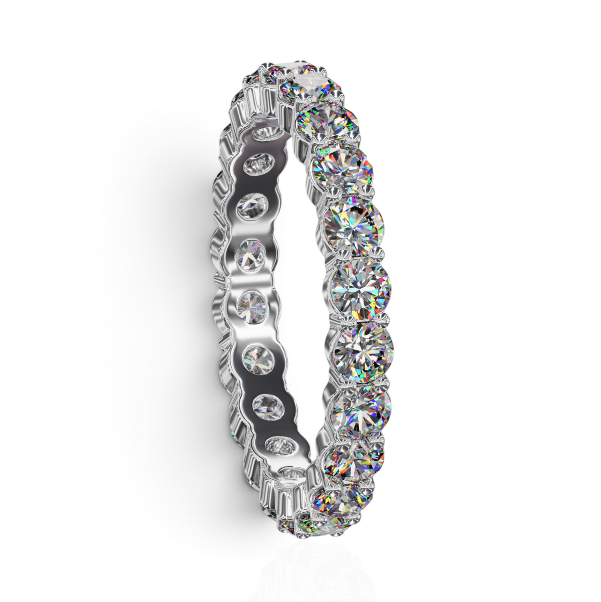 YFS Designs 3mm eternity band featuring lab-grown round diamonds in a double shared prong setting on precious metal.