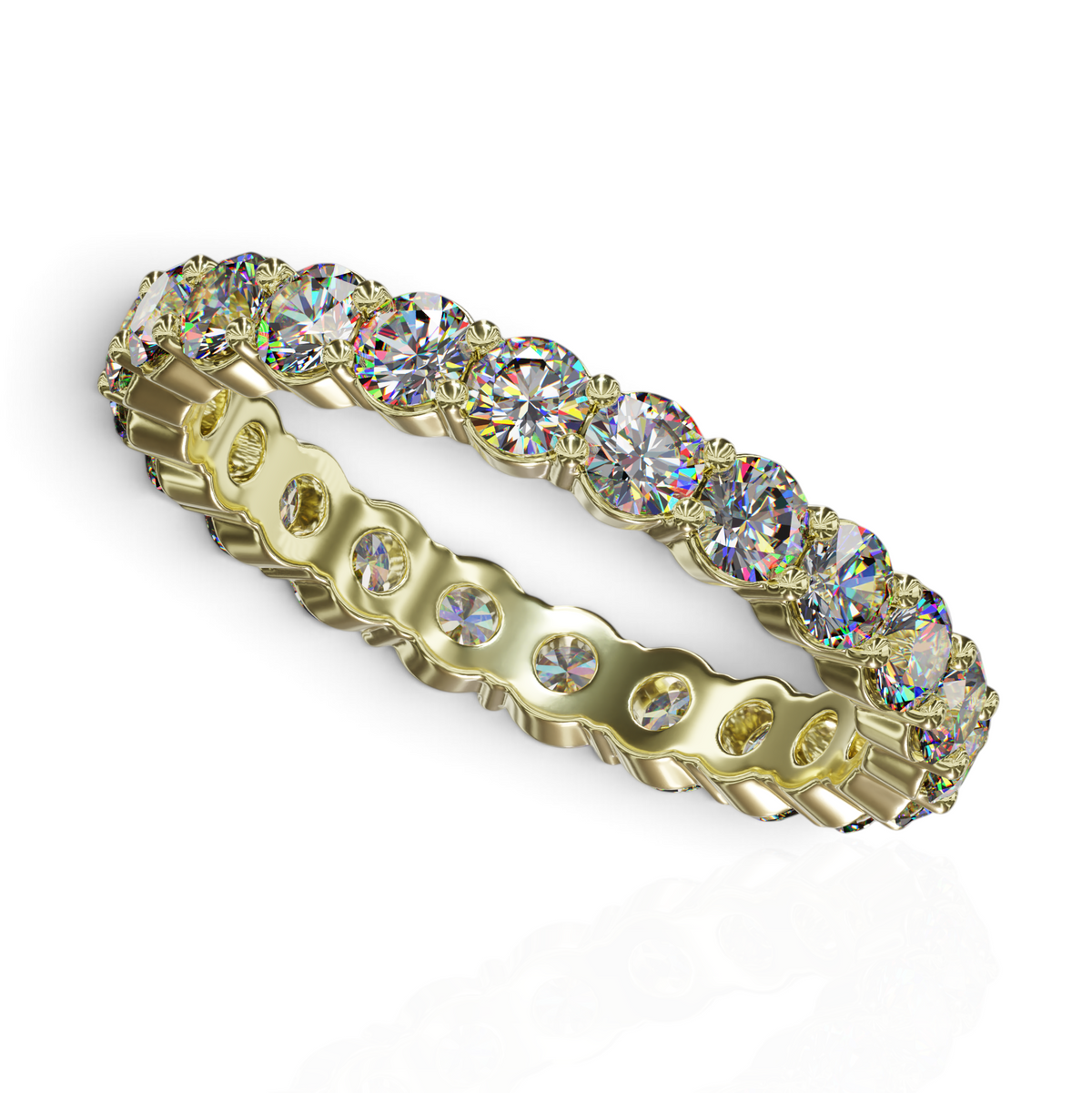 YFS Designs 3mm gold eternity band featuring a continuous row of sparkling lab-grown round diamonds in shared prongs.