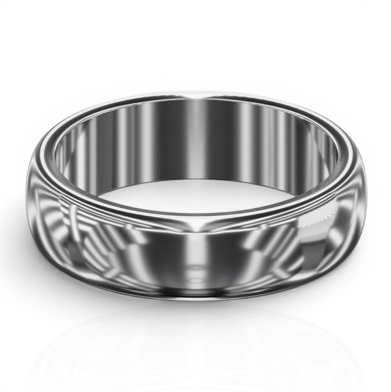YFS Designs 5mm comfort fit wedding band with a high-polish silver finish and a classic domed profile.