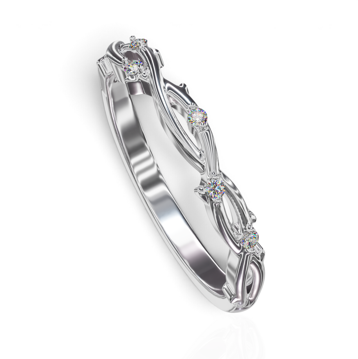 YFS Designs Bella diamond thorn stackable wedding band in 14K white gold with vine-like metalwork and lab-grown diamonds