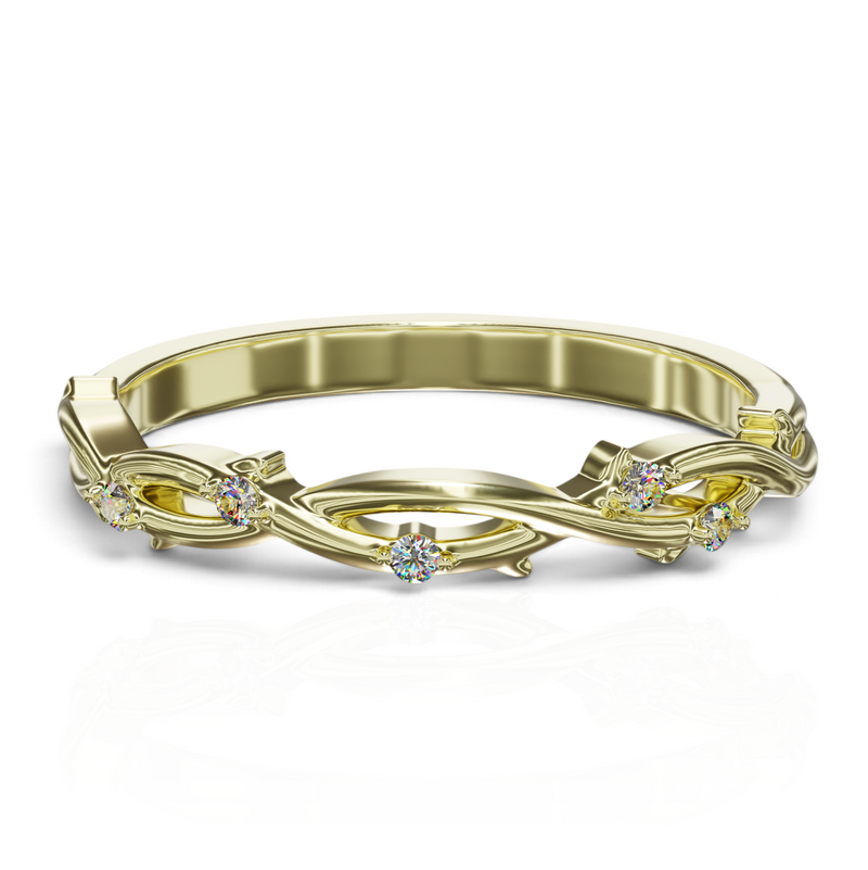 YFS Designs Bella gold wedding band with a vine-inspired twisted design and sparkling lab-grown round diamonds.