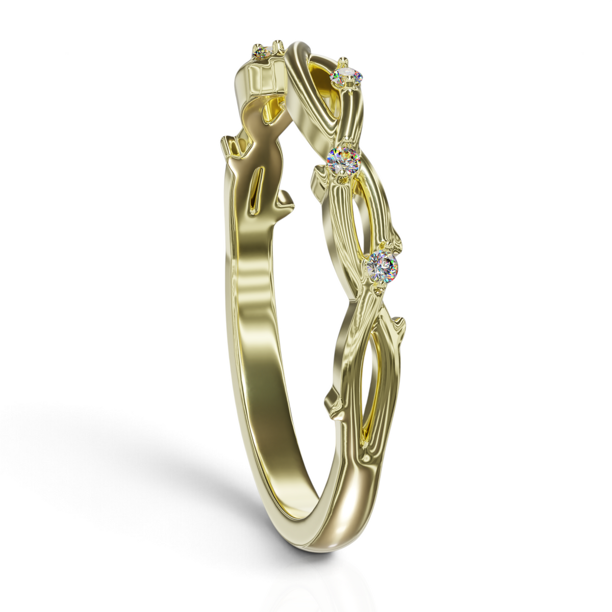 YFS Designs Bella gold stackable wedding band with a vine-inspired thorn design and lab-grown round diamonds