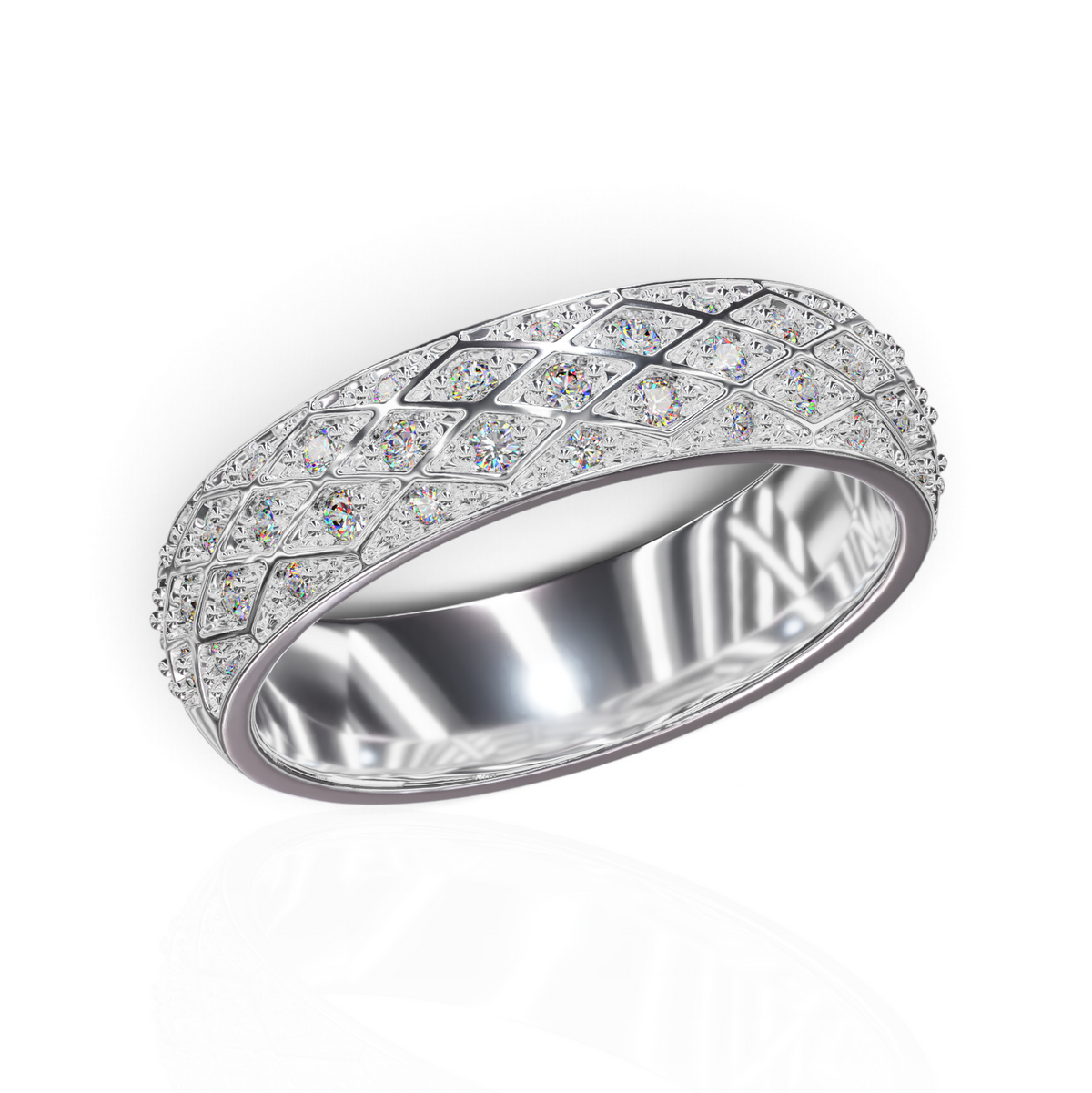 YFS Designs Constella dome statement band in 14K white gold with a diamond-cut lattice pattern and sparkling accents.