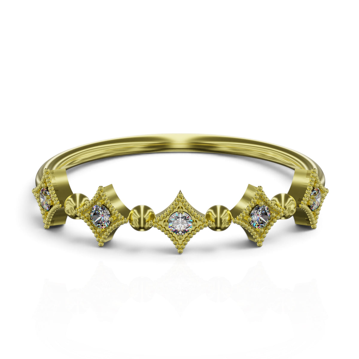 YFS Designs Constela gold band ring featuring 0.09 ct round lab-grown diamonds in a geometric milgrain setting.