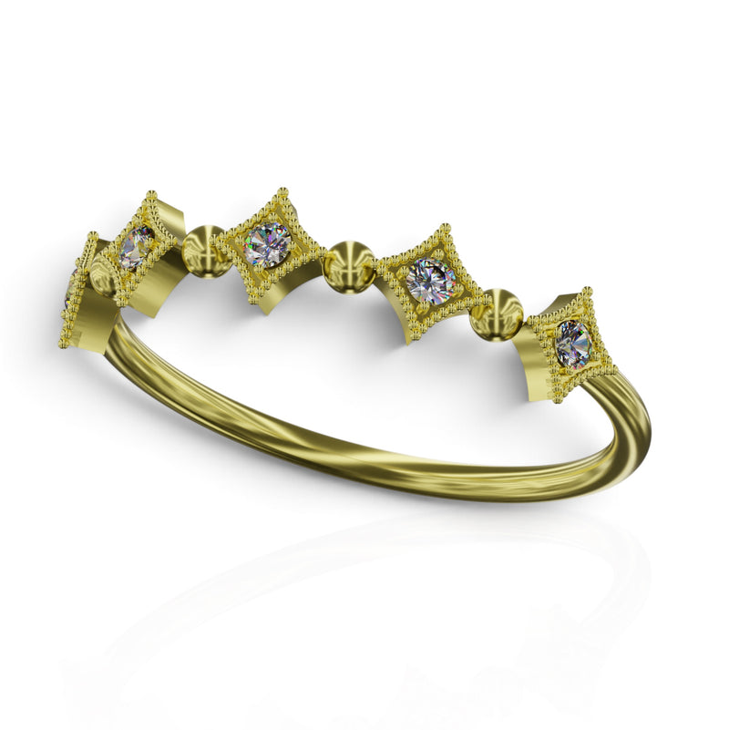 YFS Designs Constela ring featuring round lab-grown diamonds in square milgrain settings on a 1.5mm gold band
