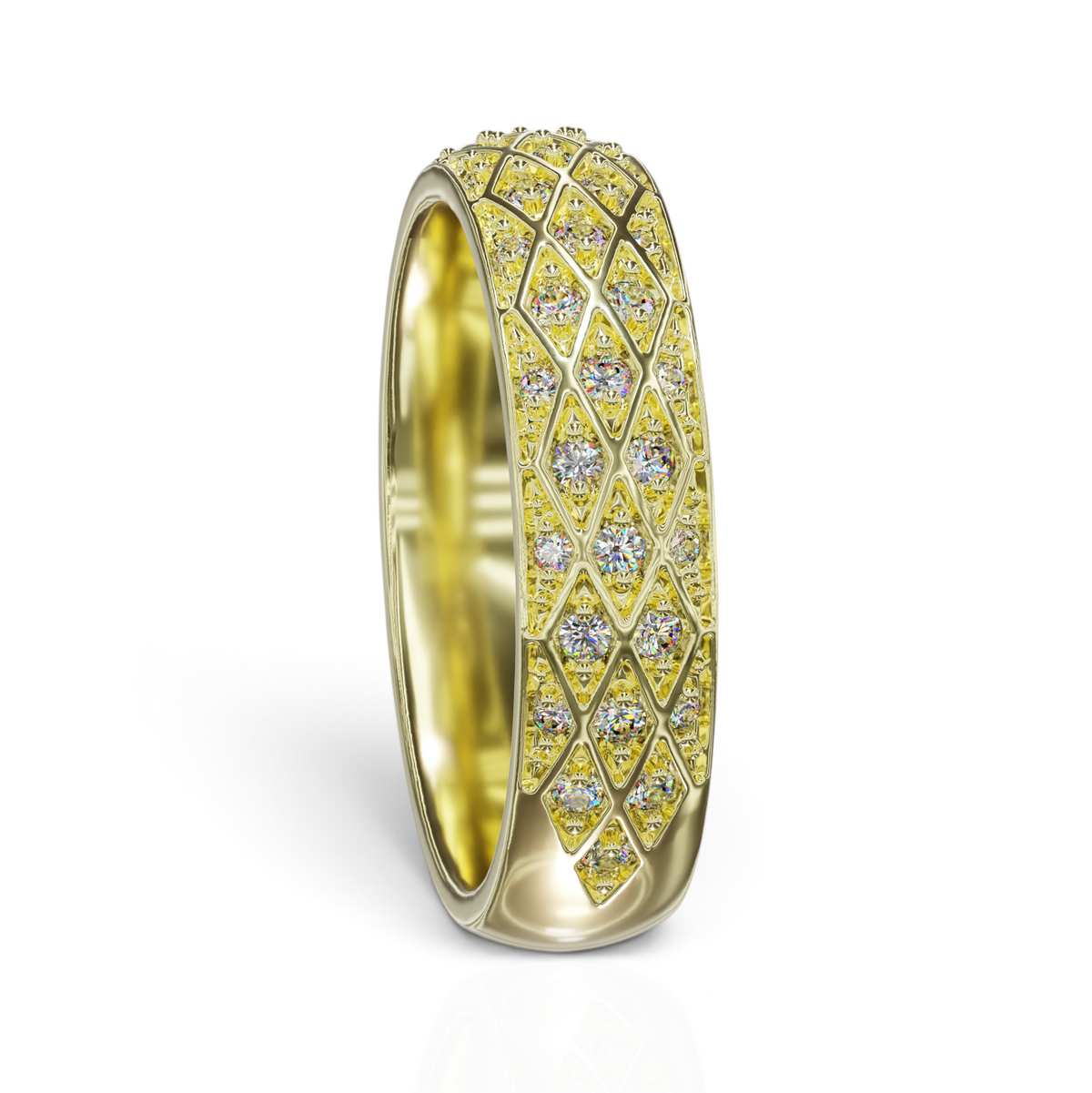 YFS Designs Constella dome statement band in yellow gold featuring an intricate diamond-cut geometric lattice pattern.