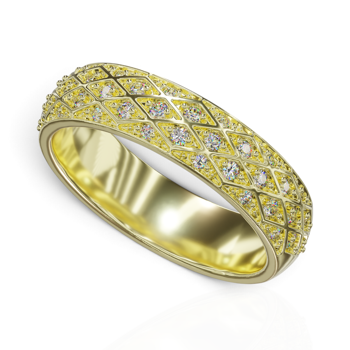 YFS Designs Constella 5mm yellow gold dome band featuring an intricate diamond-cut lattice pattern with embedded stones.