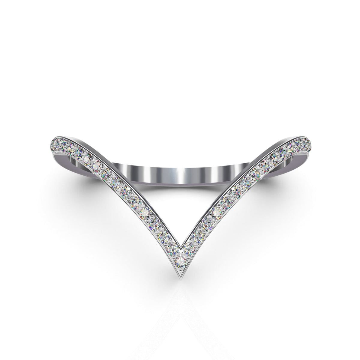 YFS Designs Contour Britney V-shaped wedding band with 0.12ct lab-grown round diamonds in a 1.8mm silver setting.