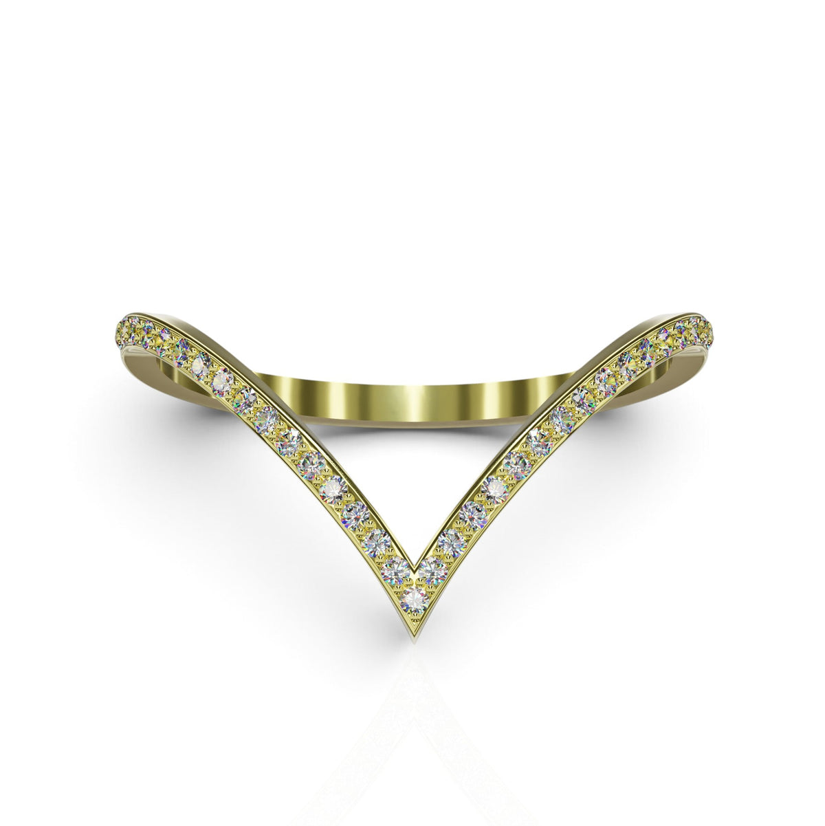 YFS Designs Contour Britney V-shaped gold wedding band featuring 0.12 ct total weight lab-grown round diamonds.