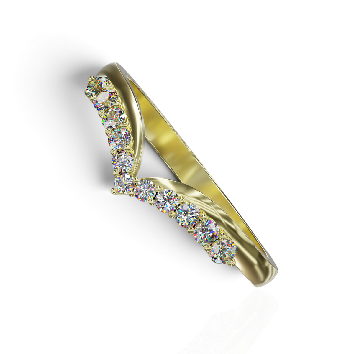 YFS Designs Veronica elegant contoured yellow gold wedding band featuring a row of sparkling round cut diamonds