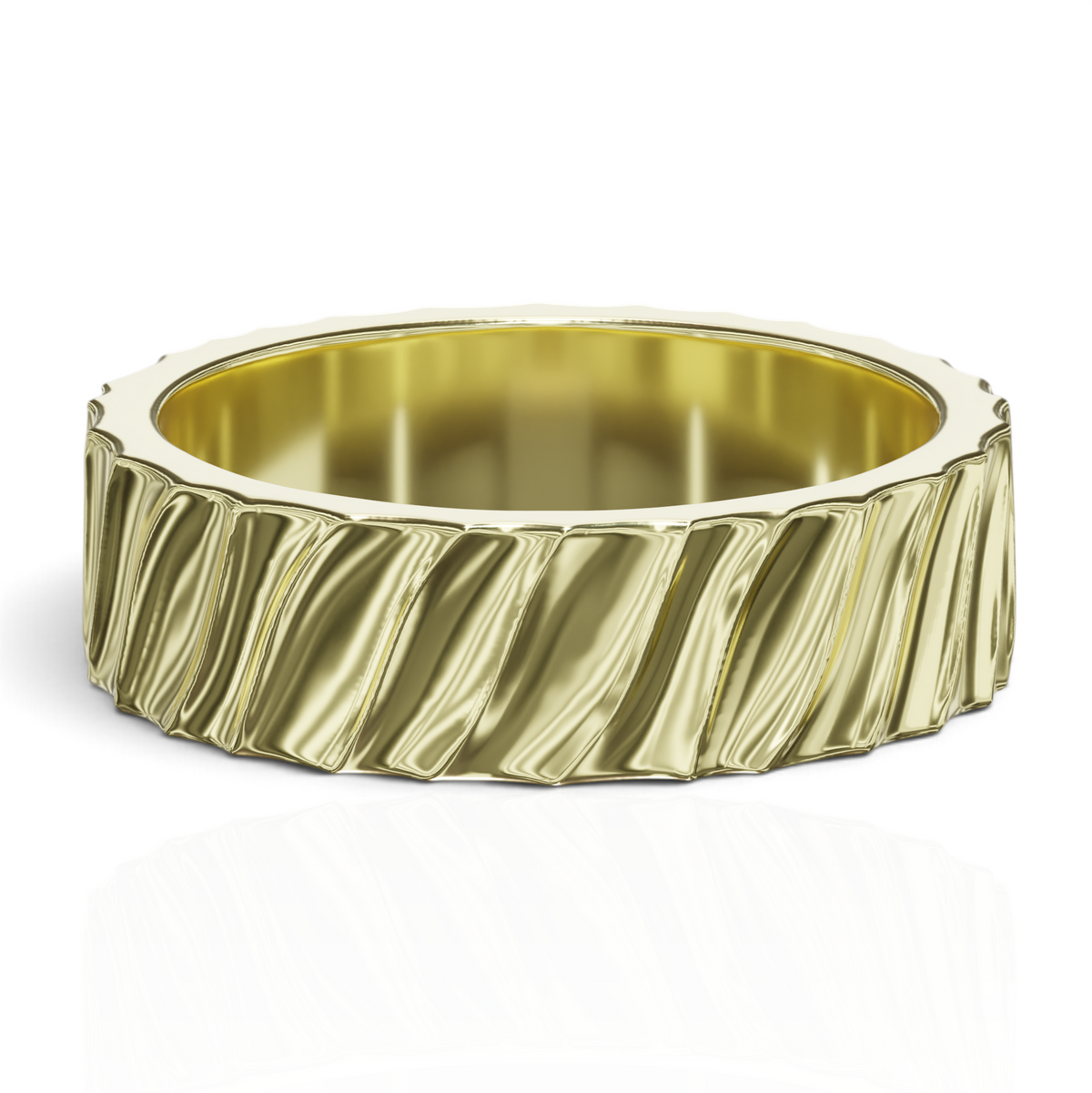 YFS Designs Dylan 6mm gold wedding band featuring a unique wavy textured surface design