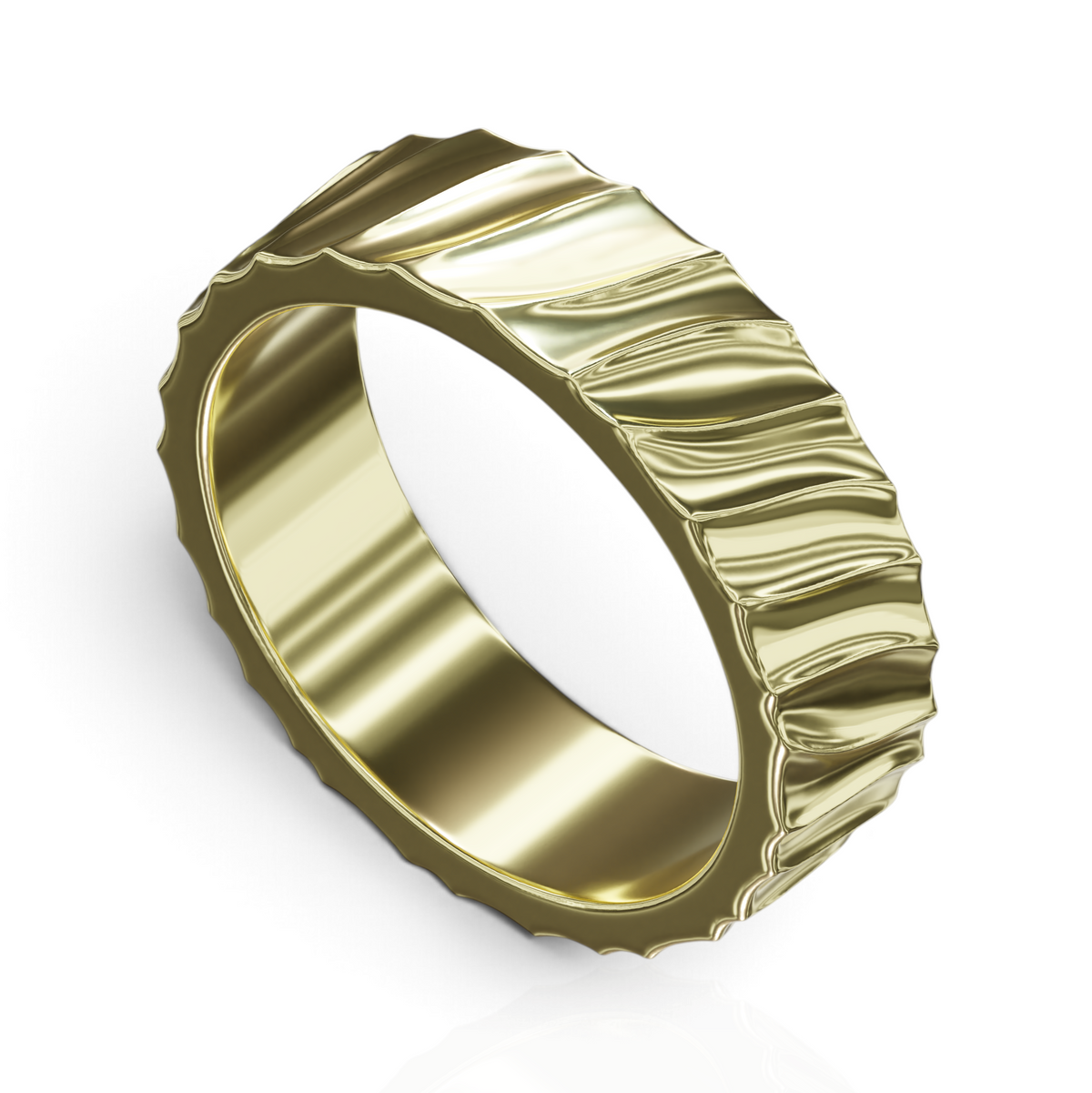 YFS Designs Dylan 6mm gold ring featuring a unique wavy textured band design on a white background