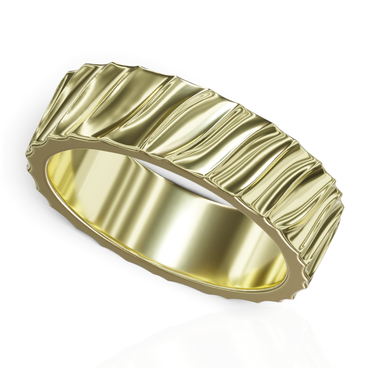 YFS Designs Dylan 6mm gold ring featuring a unique wavy textured band design with a polished finish