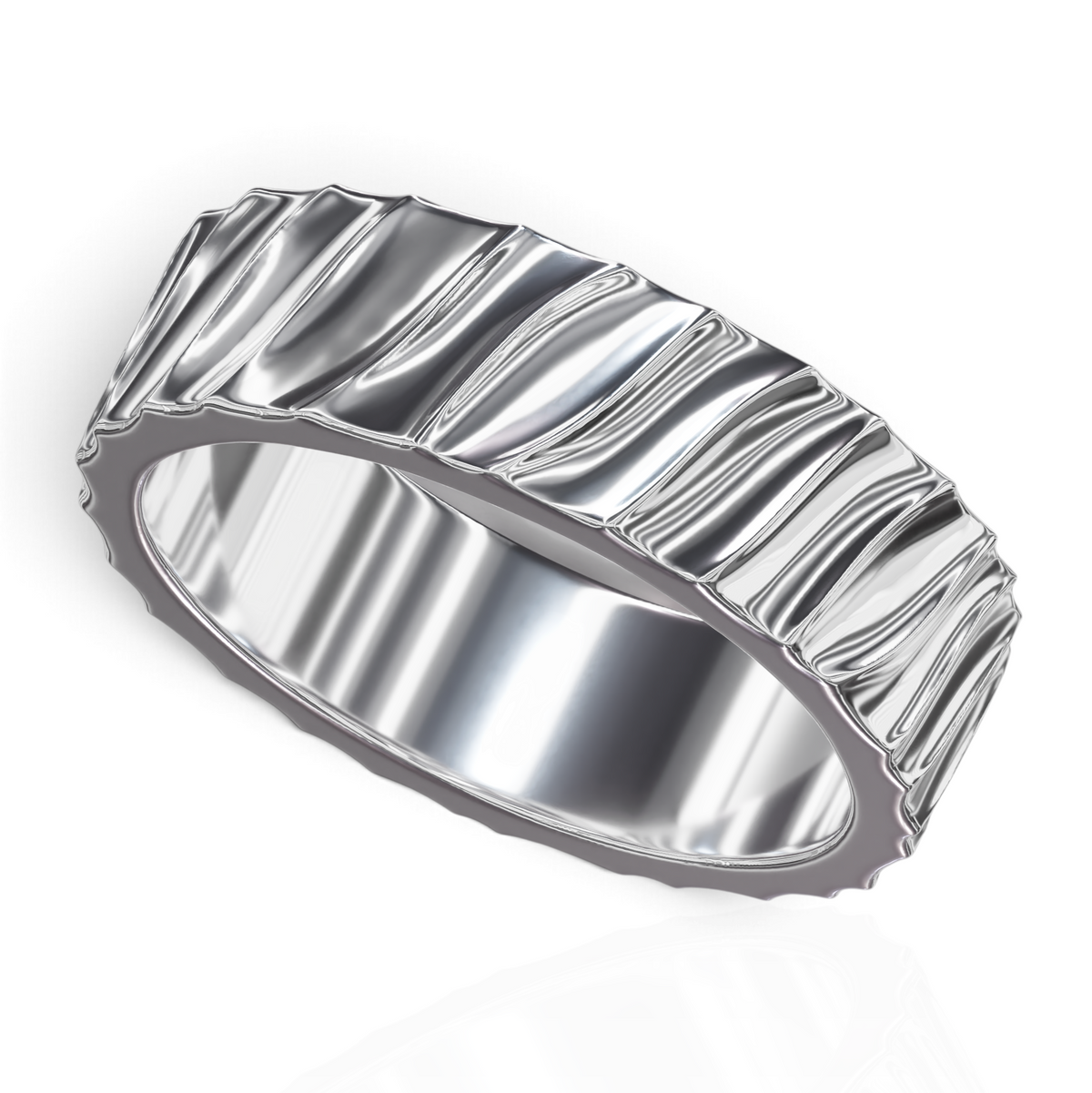 YFS Designs Dylan 6mm 14K white gold ring featuring a unique wavy textured band with a polished metallic finish.