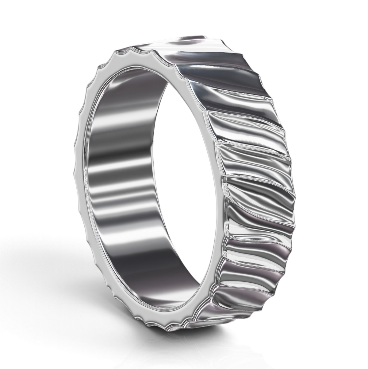 YFS Designs Dylan 6mm 14K white gold ring featuring a unique wavy textured band with a polished metallic finish.