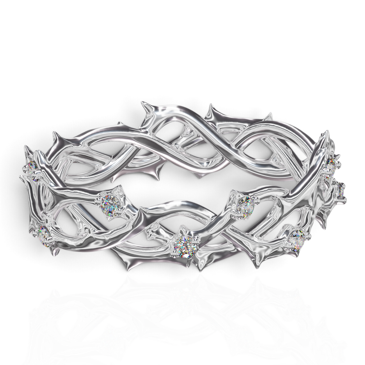 YFS Designs Elijah diamond wedding band featuring a silver crown of thorns design with embedded round cut diamonds