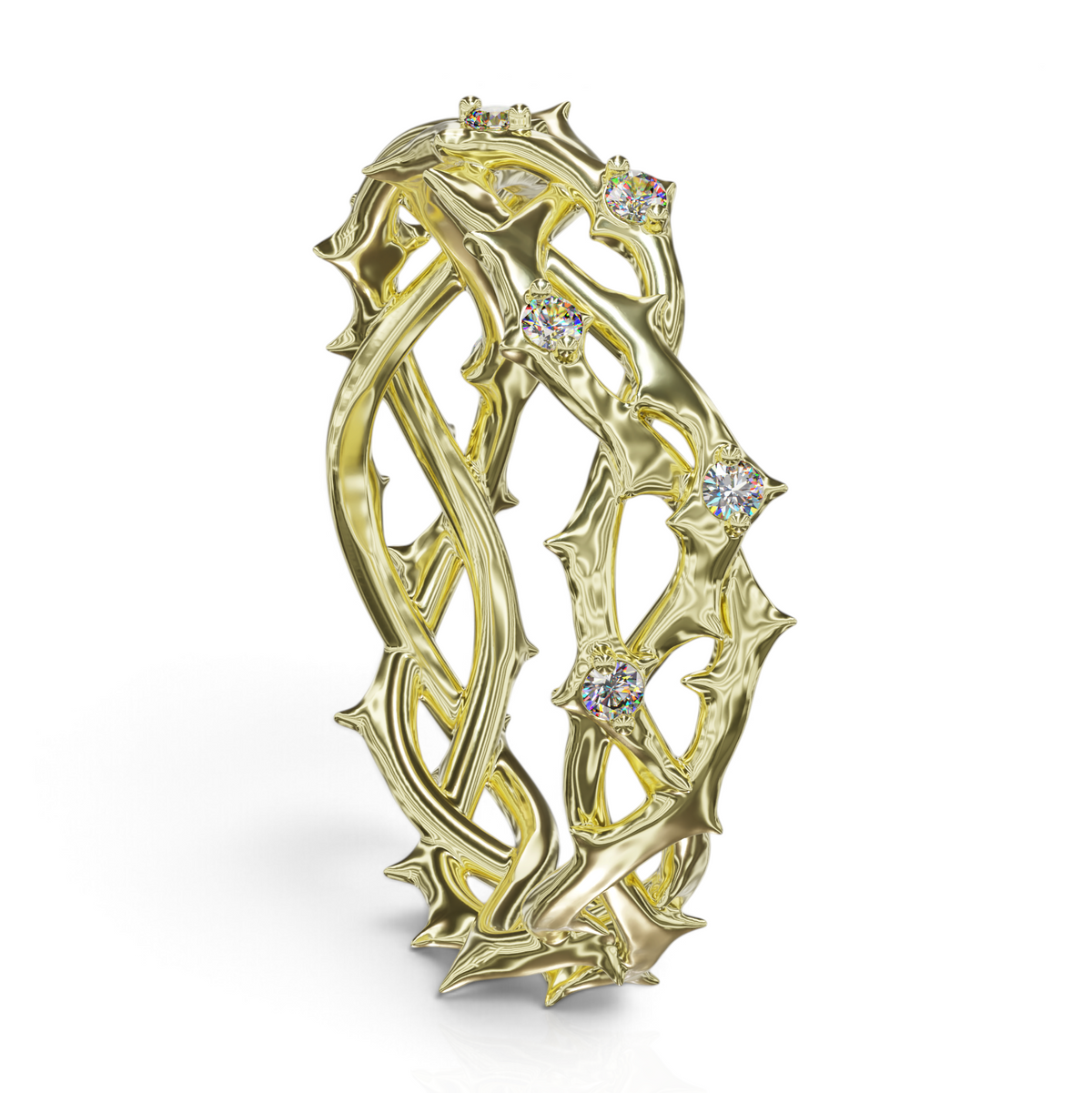 YFS Designs Elijah gold wedding band featuring a unique thorn-inspired design with embedded sparkling diamonds.