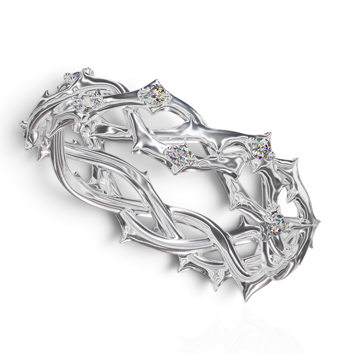 YFS Designs Elijah wedding band featuring a silver thorn vine design with embedded round diamonds