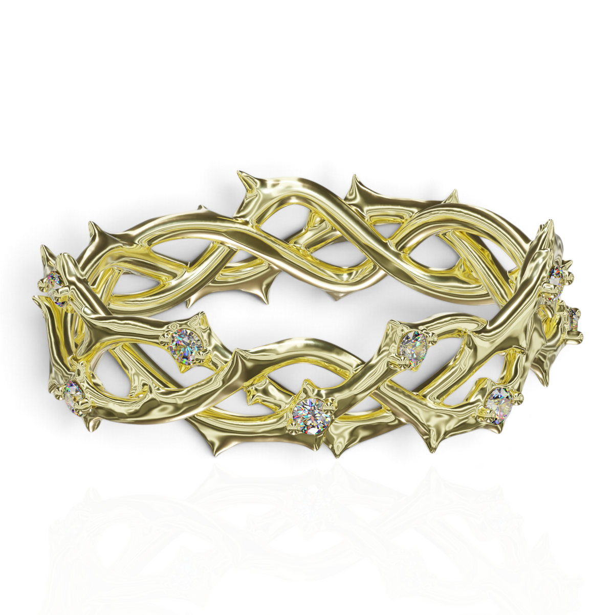 YFS Designs Elijah diamond wedding band featuring a yellow gold crown of thorns design with embedded round diamonds.