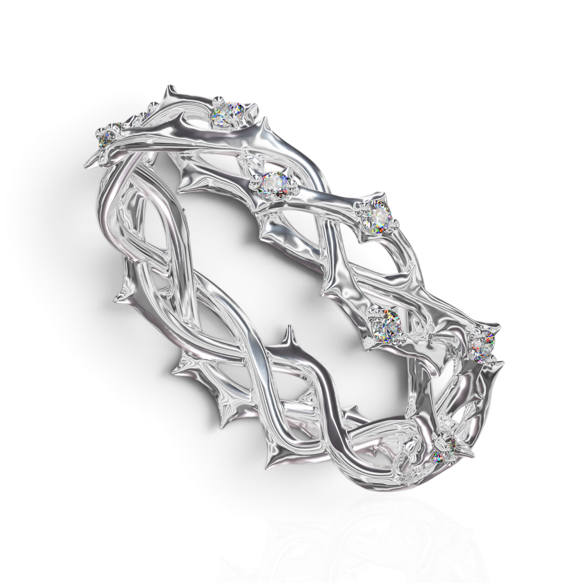 YFS Designs Elijah diamond wedding band featuring a polished silver metal band intricately woven with thorn motifs.
