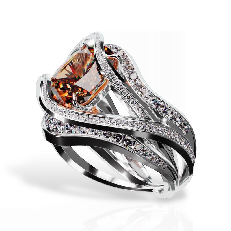 YFS Designs Eternity ring featuring a 10x8.1mm cushion-cut orange hessonite set in 14K yellow and white gold with diamonds