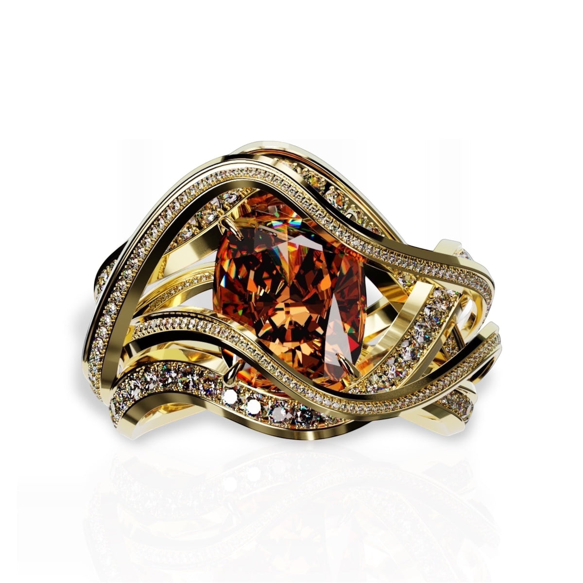 YFS Designs Eternity ring featuring a 10x8.1mm cushion-cut orange hessonite set in 14K yellow and white gold with diamonds.