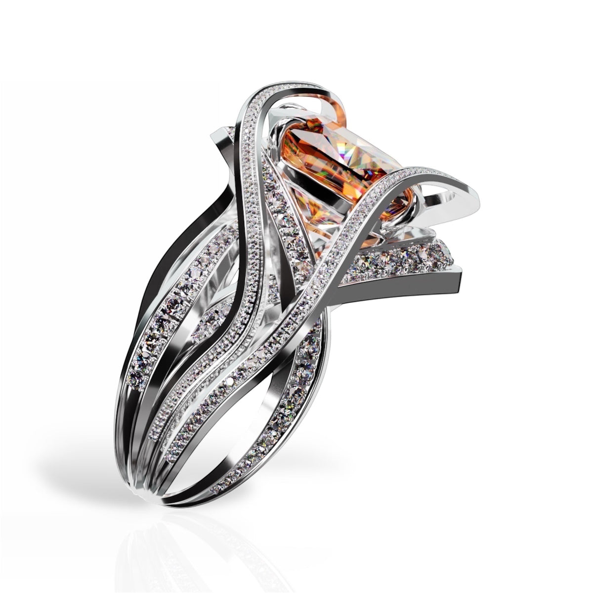 YFS Designs Eternity ring featuring a 10x8.1mm cushion-cut orange hessonite in 14K yellow and white gold with diamonds.