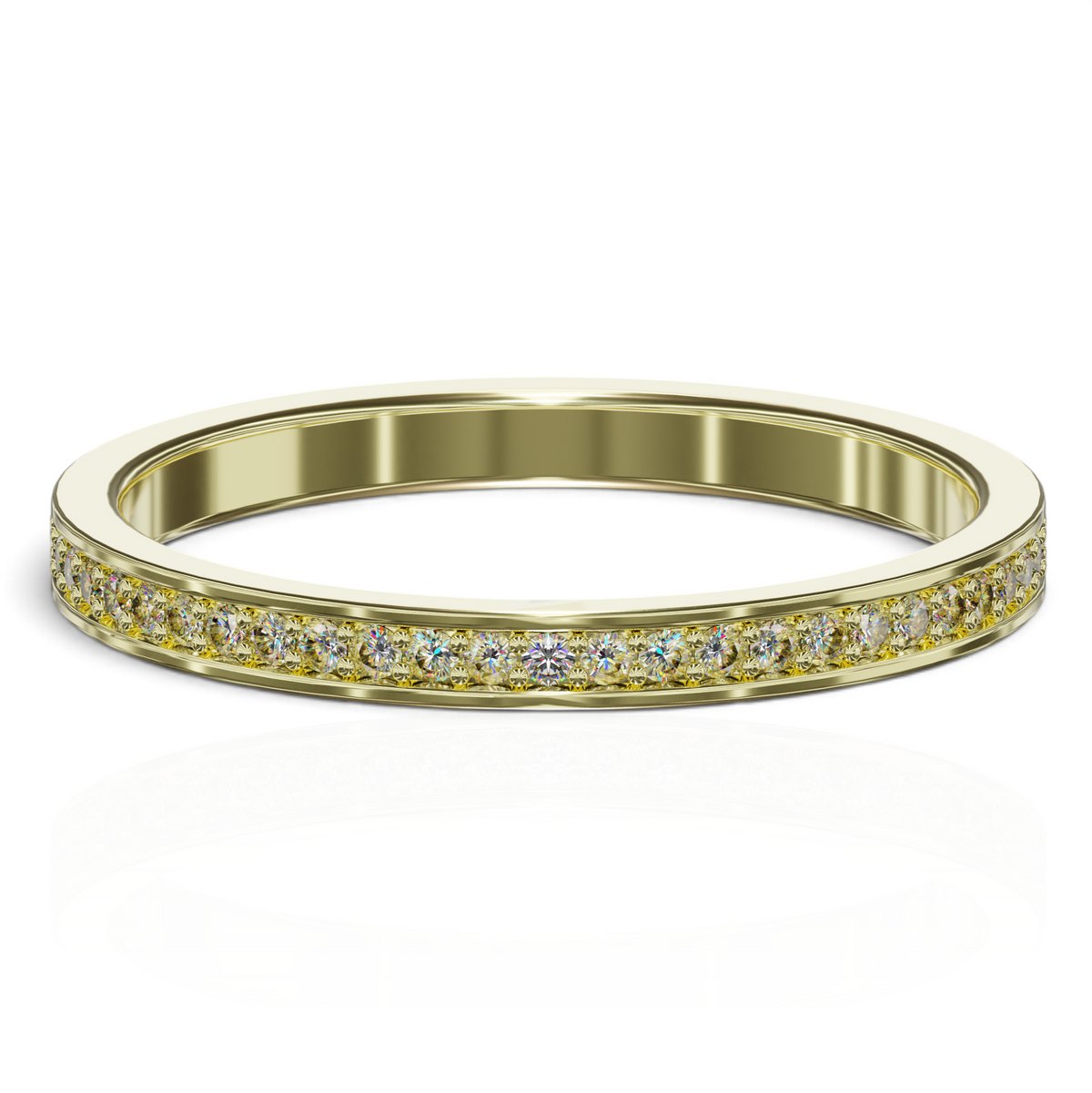 YFS Designs Fira 2mm yellow gold eternity band featuring a continuous row of channel-set lab-grown round diamonds.