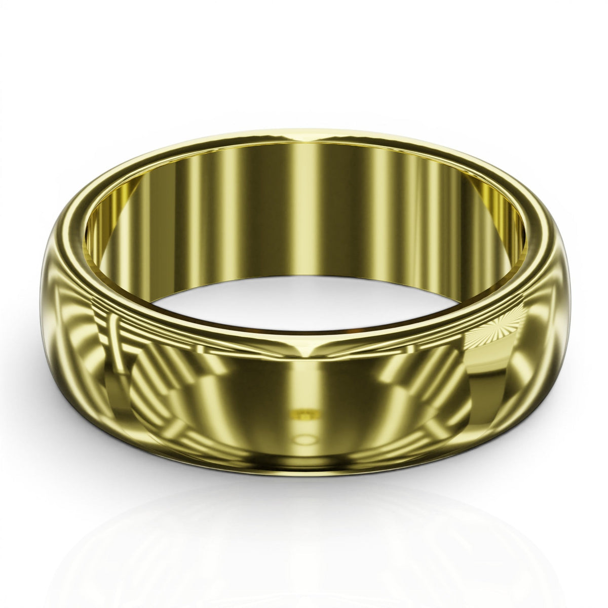 YFS Designs 5.5mm gold wedding band with a polished high-shine finish and a rounded comfort-fit interior design.