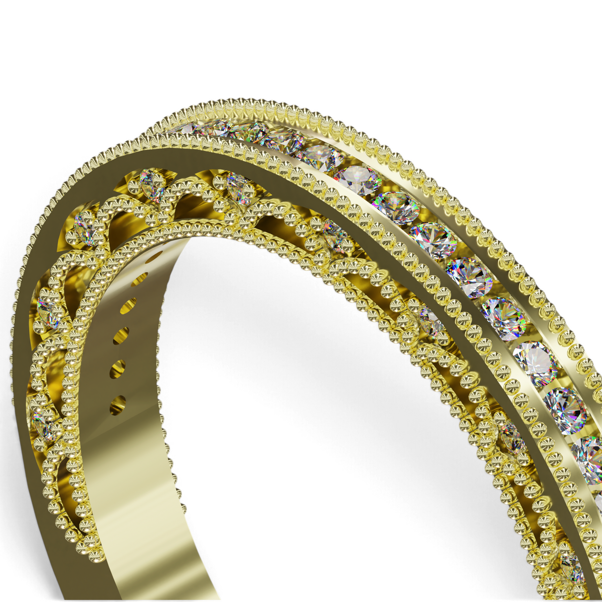 YFS Designs Rhaenyra gold diamond band featuring channel set diamonds and intricate milgrain detailing