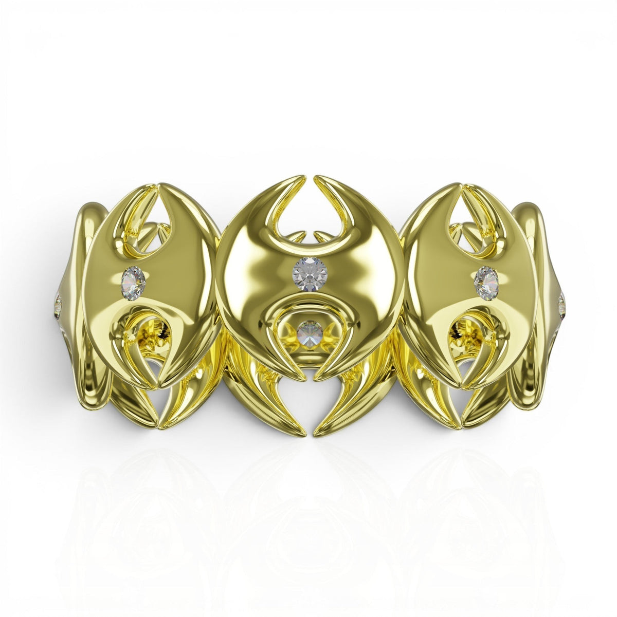 YFS Designs gold eternity band featuring a unique logo-inspired sculptural design with embedded 1.5mm round diamonds.