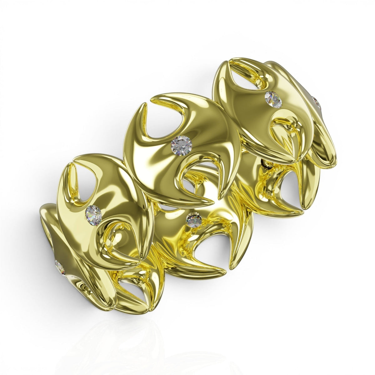 YFS Designs Signature Eternity ring in polished yellow gold featuring a repeating logo pattern and 1.5mm round diamonds