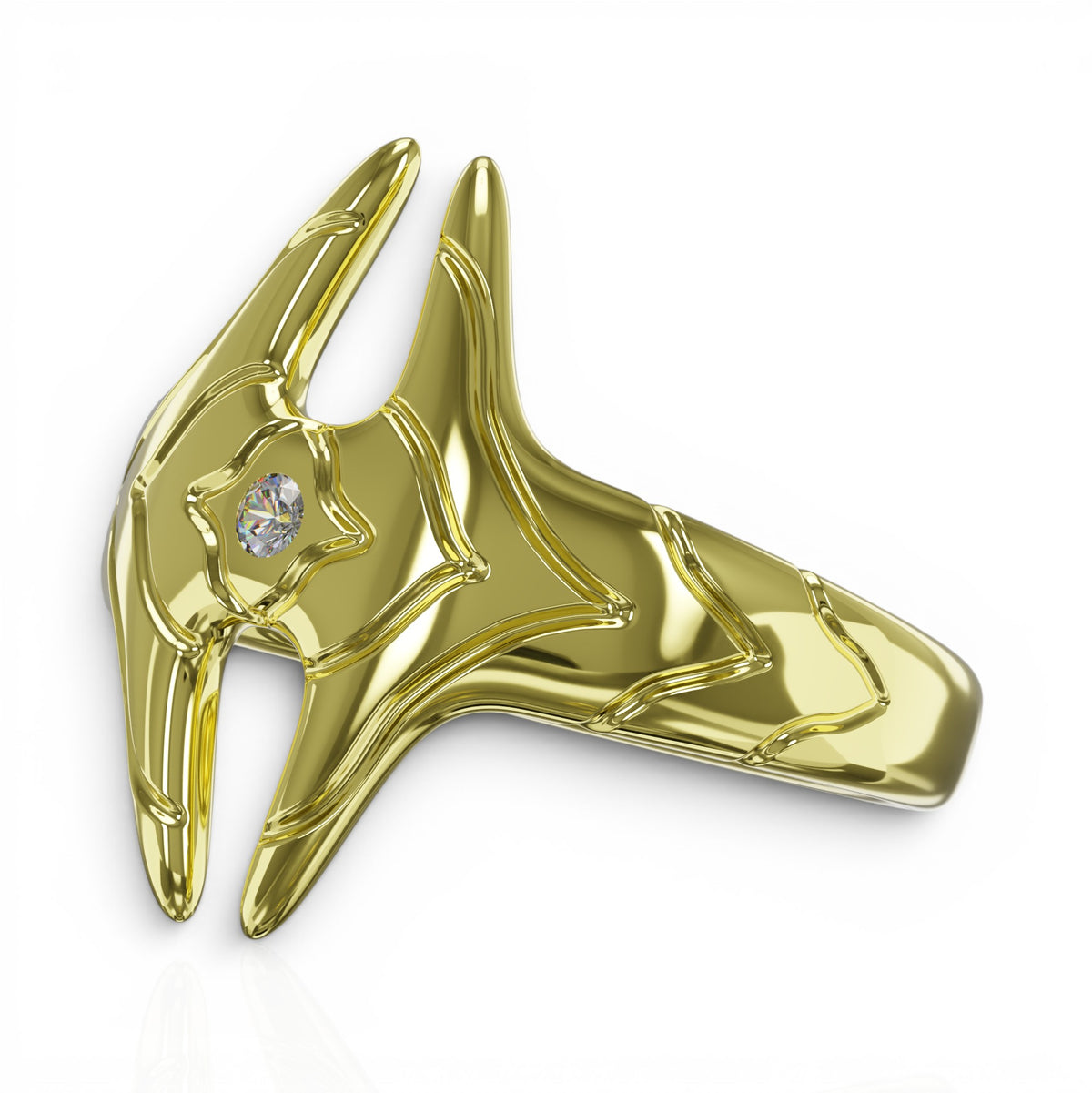 YFS Designs gold Signature logo ring featuring a 1mm round diamond set in an intricate, stylized geometric design.