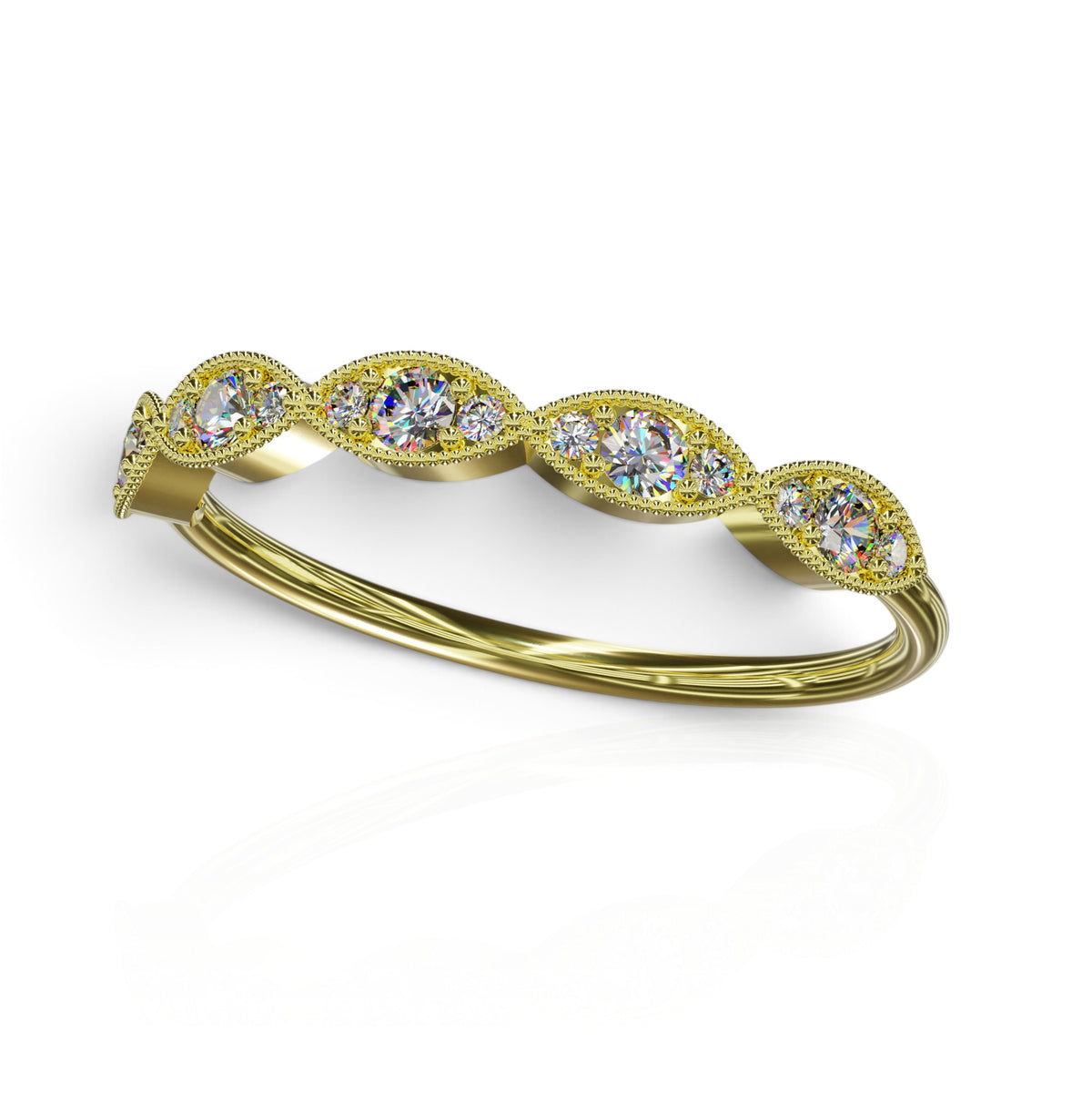 YFS Designs Yolanda gold stackable band with marquise-shaped settings, milgrain detail, and round lab-grown diamonds.