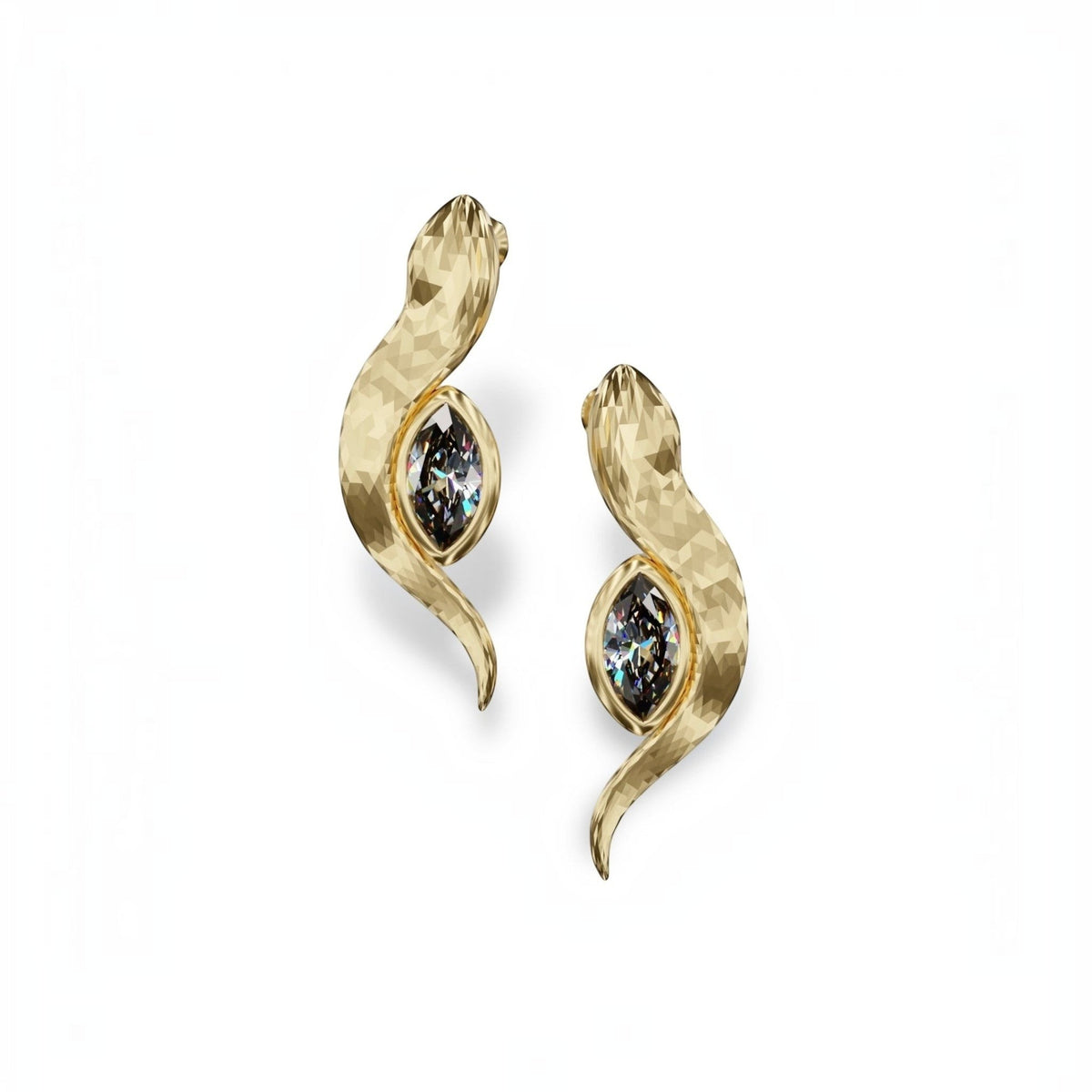 YFS Designs petite snake stud earrings in gold with marquise-cut lab-grown moissanite diamonds