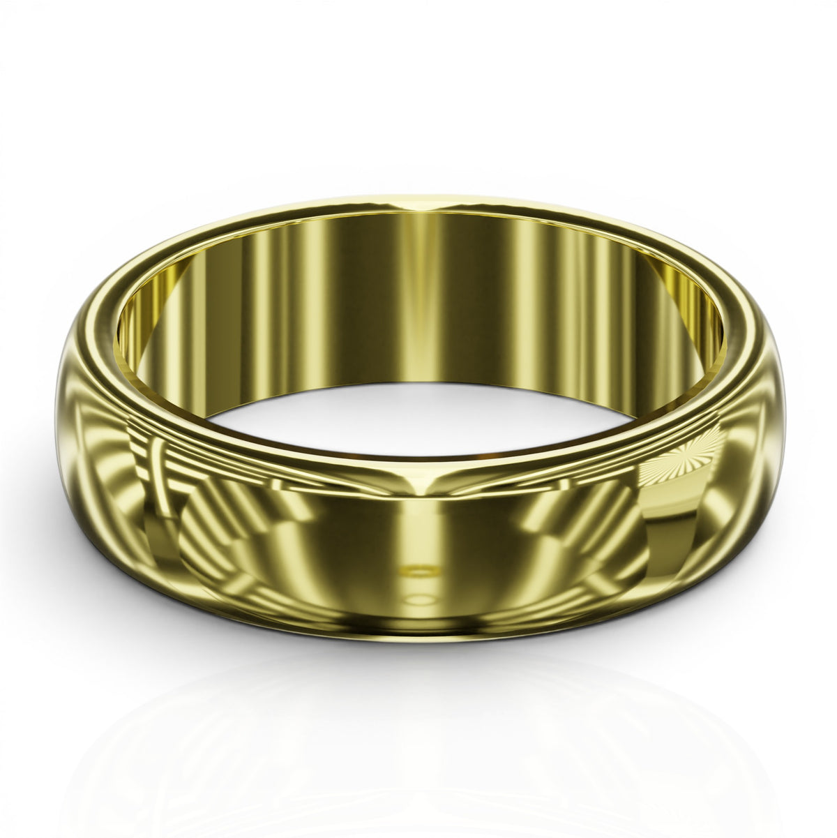 YFS Designs 5mm gold wedding band with a classic domed profile and a brilliant high-polish mirror finish.