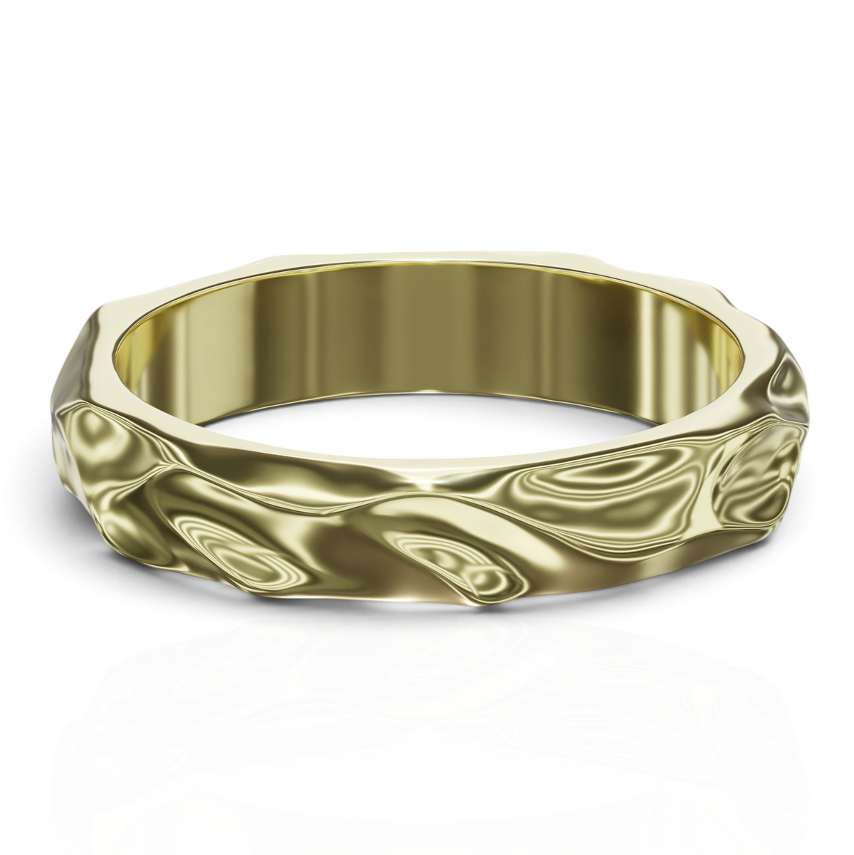 YFS Designs Hancy gold ring featuring a unique wavy textured band with a polished finish on a white background
