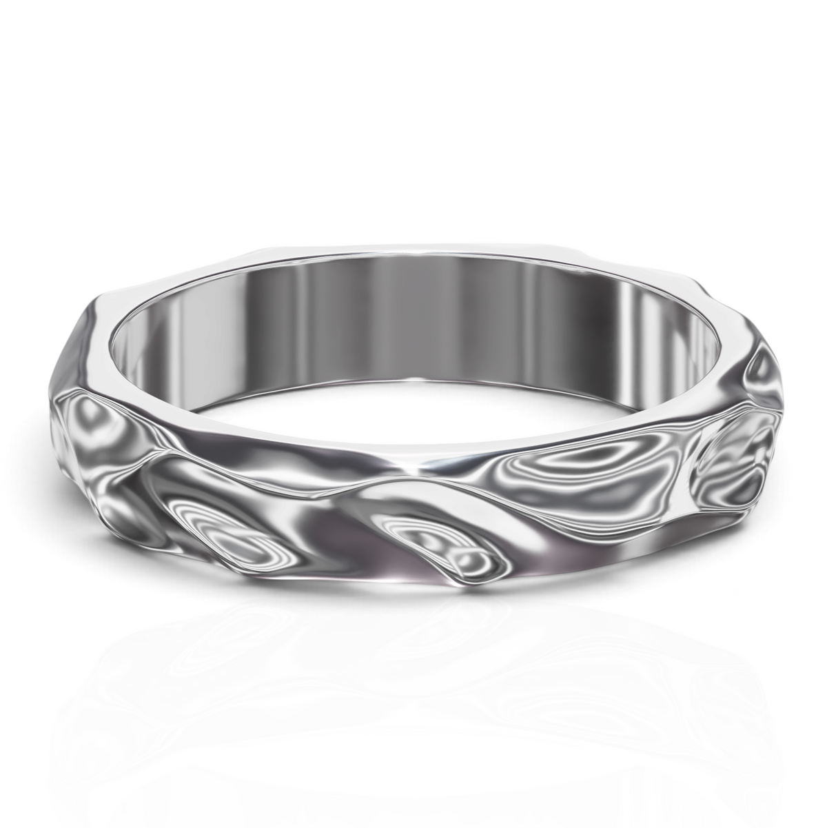 YFS Designs Hancy silver band ring featuring a unique wavy textured surface with a polished metallic finish.