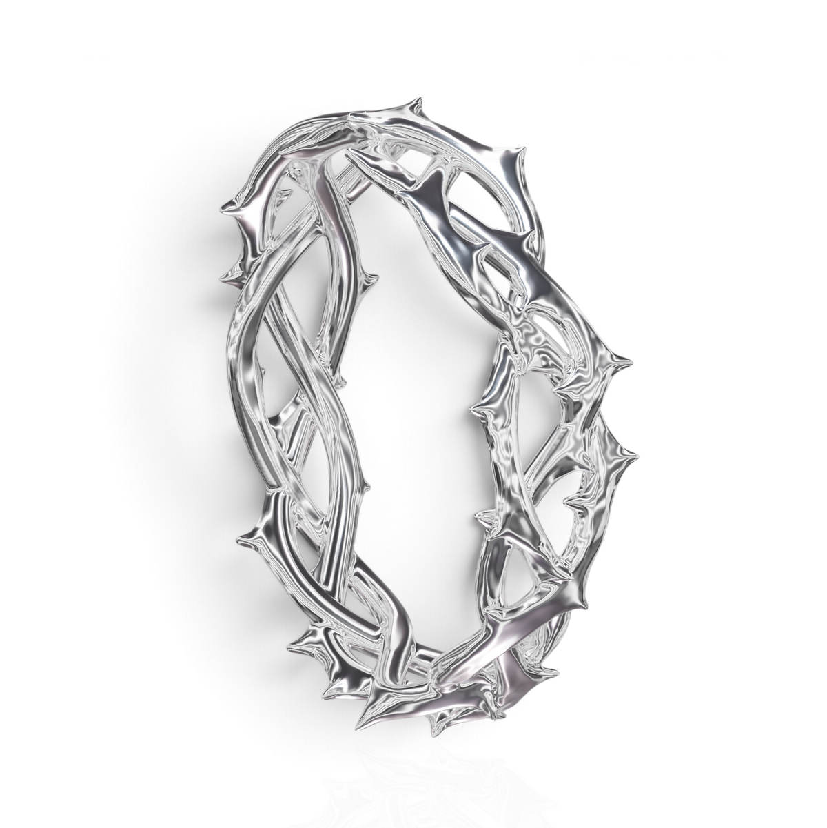 YFS Designs Edward 6mm wedding band featuring a polished 14K white gold interwoven thorn design with a sculptural silhouette.